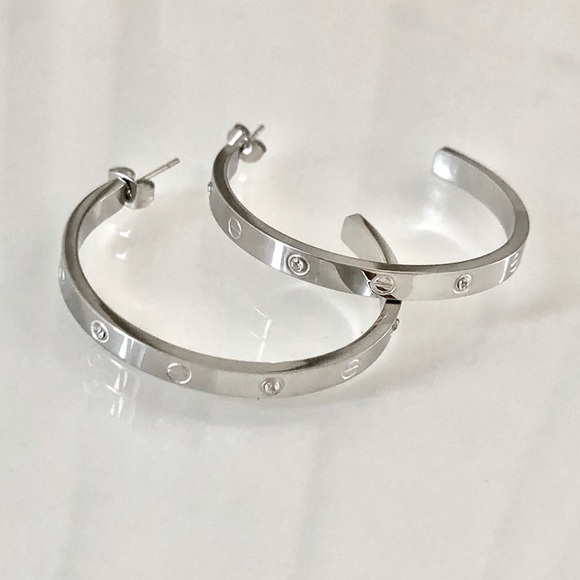 Screw Zirconia Stainless Steel Hoop Earrings - Picture 7 of 7